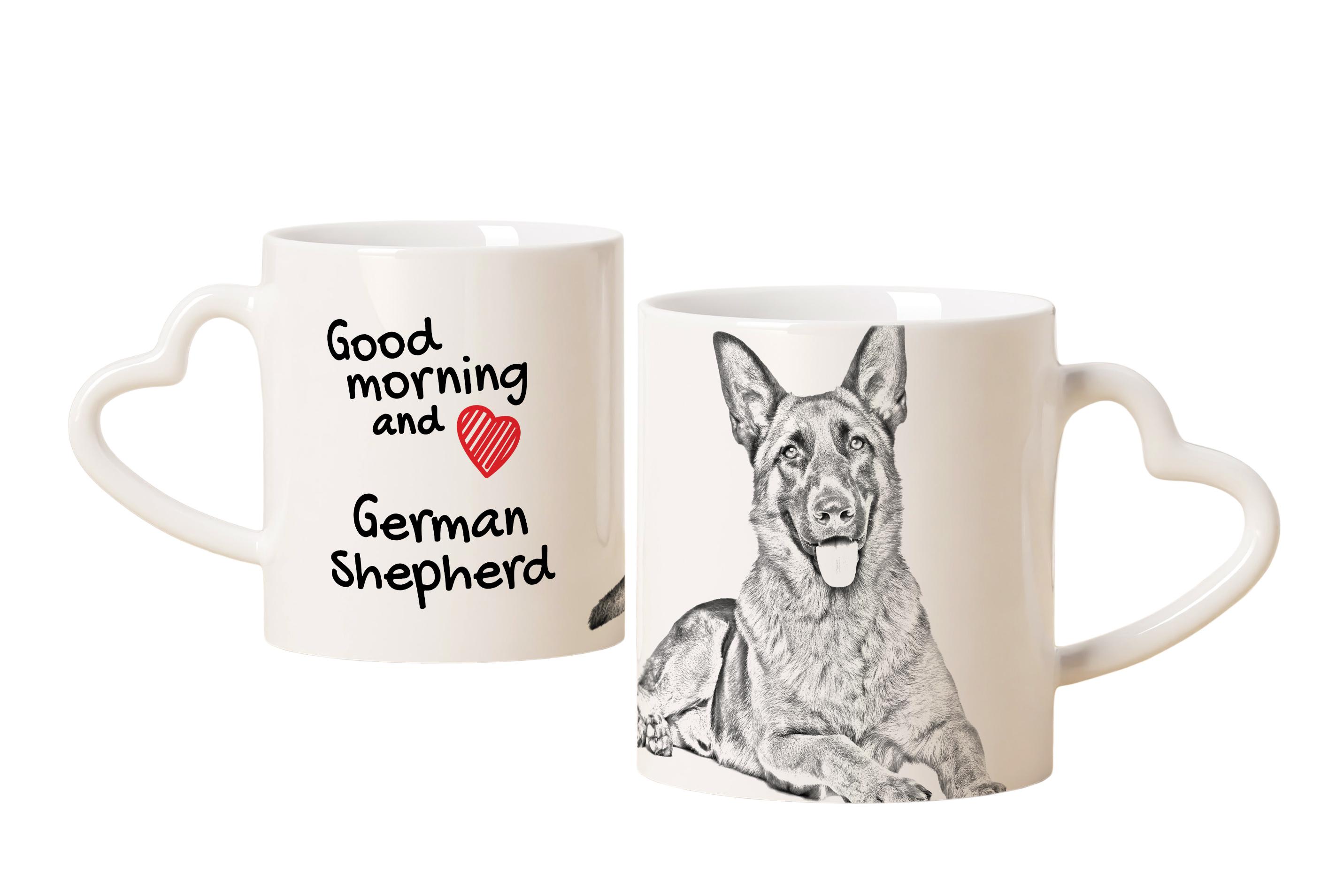 

German Shepherd Dog, Alsatian Wolf Dog - cup with a dog, adorable cup with a heart-shaped handle, universal gift from the Art-Dog brand білий