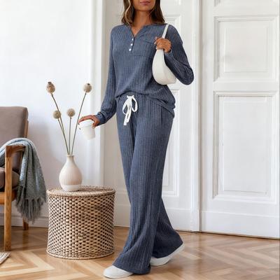 Women's 2 Piece Lounge Outfits Casual Long Sleeve Top Wide Leg Pants Pajamas