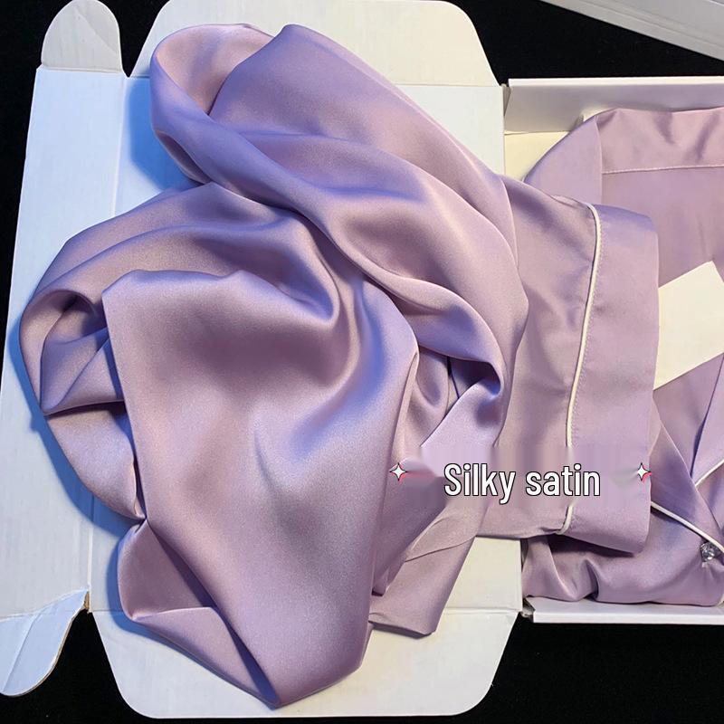 Women's Silky Purple Ice Silk Pajamas Set - Long-Sleeved Cardigan and Pants