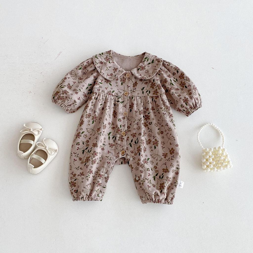 Korean Autumn Floral Romper: Stylish Newborn Cotton Crawling Suit with Peter Pan Collar