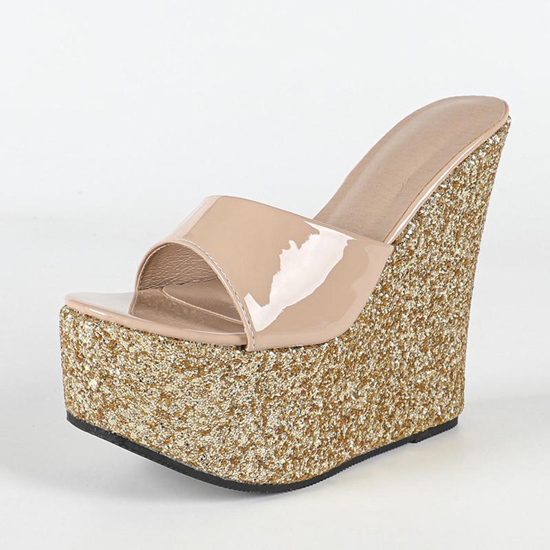 Fashion Liyke Street Style Sexy Super High Heels Wedge Slippers Women Fashion Sequined Thick Bottom Platform Sandals Shoes Zapatos Mujer