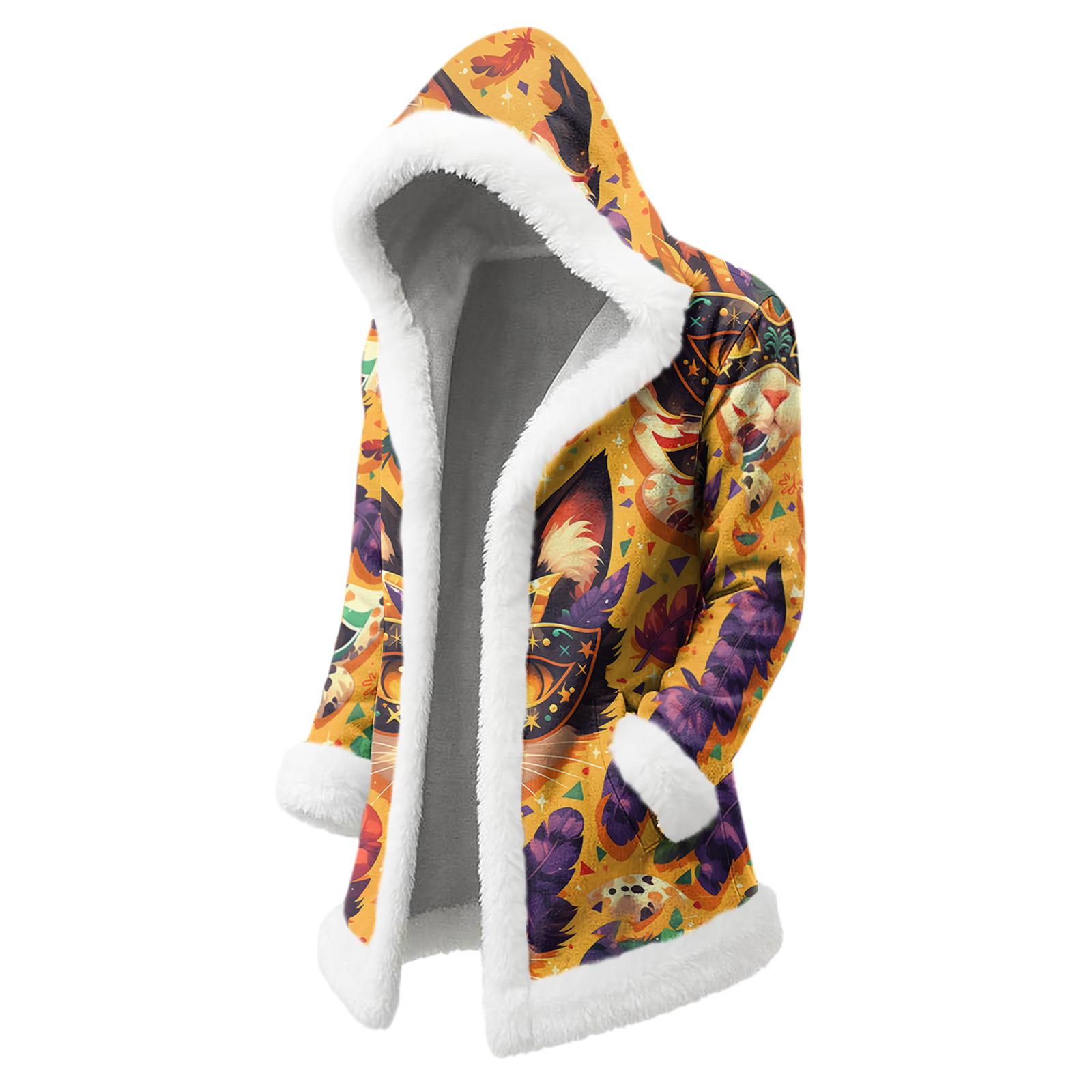 

Унисекс Повседневная и Модная Куртка с Капюшоном и Длинными Рукавами с Плюшевым Воротником и Принтом Карнавала XL жёлтый