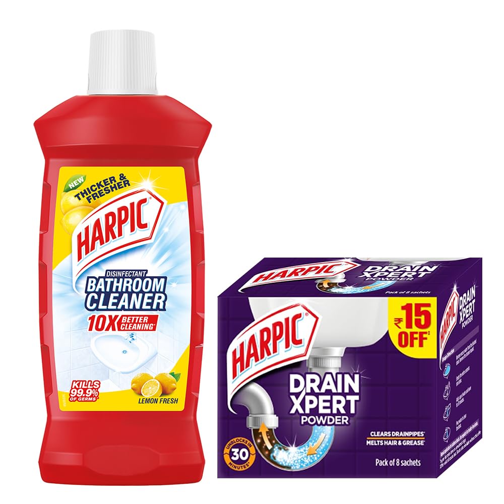 

Harpic Disinfectant Bathroom Cleaner Liquid, Lemon - 1L + Harpic Drain Xpert Drain Cleaning Powder (50 г х 8)