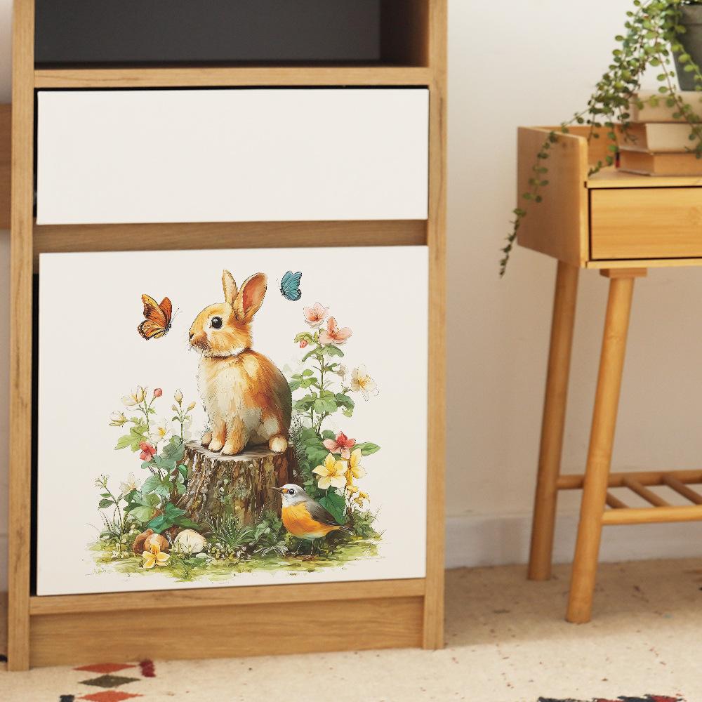 Static Cling Window Stickers Cartoon Bunny Tree Stump Flowers for Bathroom Sink Glass Display Home Decor