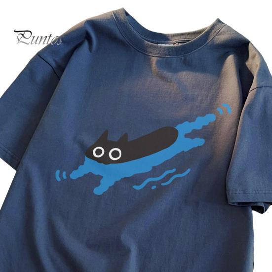 Par Casual T-skjorte Tegneserie Svart Katt Trykk T-skjorte Rund Hals Løs Sommer Topp for Menn Kvinner Hjem Gym Streetwear