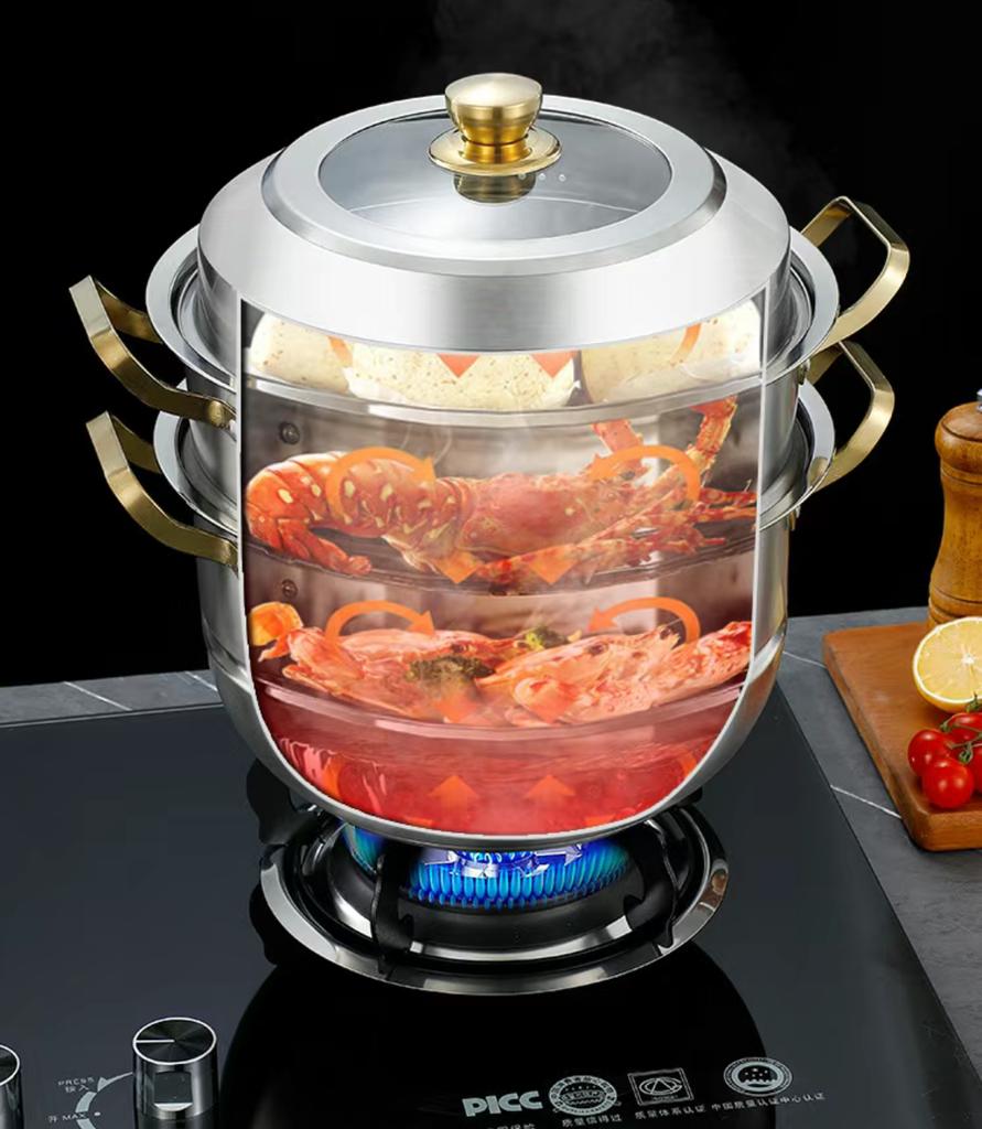 Vapor din oțel inoxidabil 316, grad alimentar, lărgit și îngroșat, uz casnic, capacitate mare, vapor multistrat, oală pentru supă pentru gătit