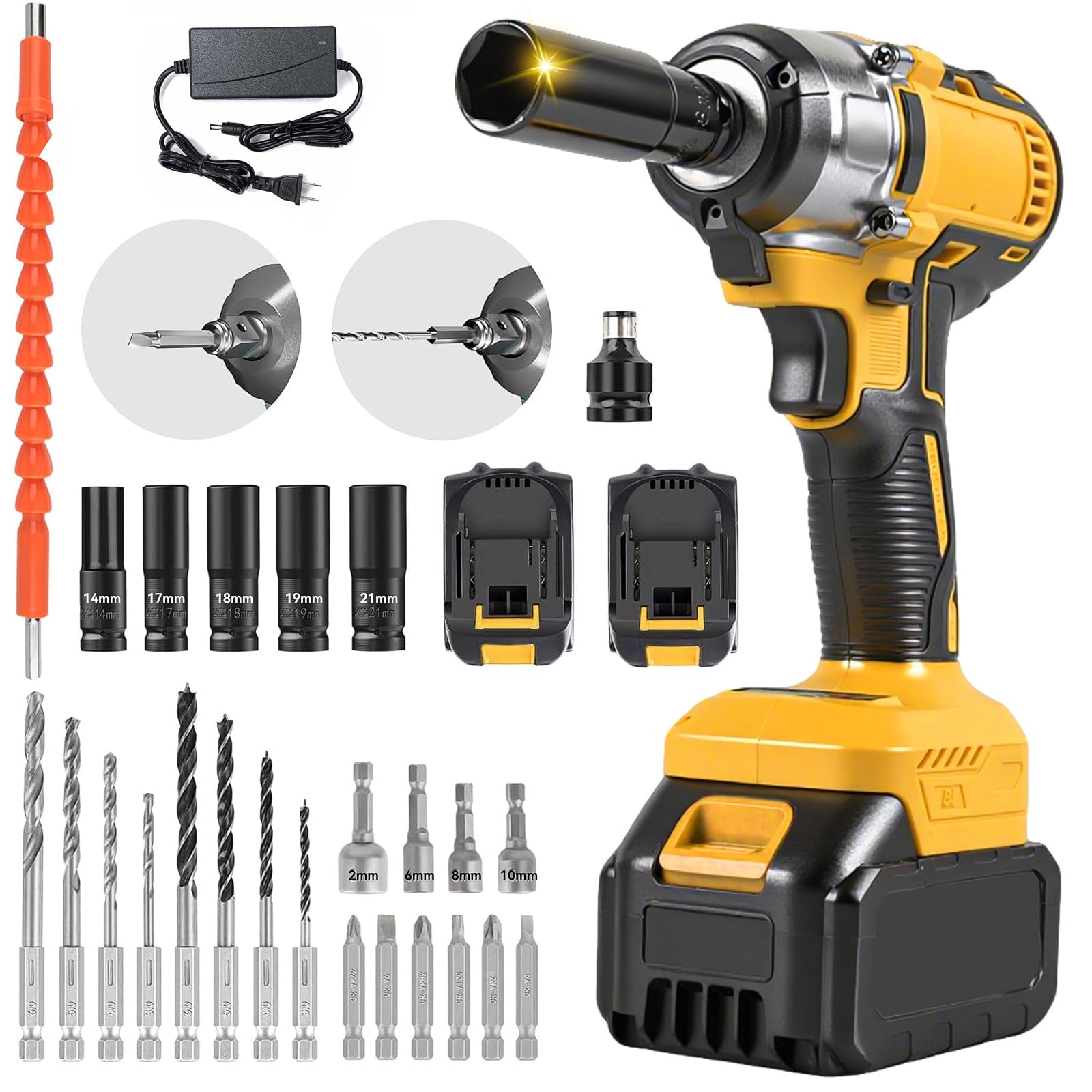 

Vgorgor Электрический ударный для шин Мощный бесщеточный Максимальный крутящий момент Бесступенчатая регулировка Авто Авто Гайка Болт и Разряд и Широкий ассортимент аксессуаров жёлтый