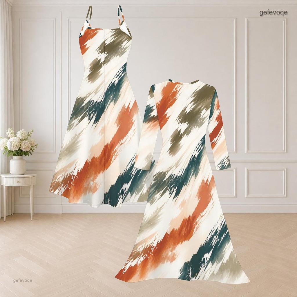 Women Plus Size Two Piece Outfit Spaghetti Strap V Neck Flared Dress Long Sleeve Open Front Blue Gold Printed Cardigan