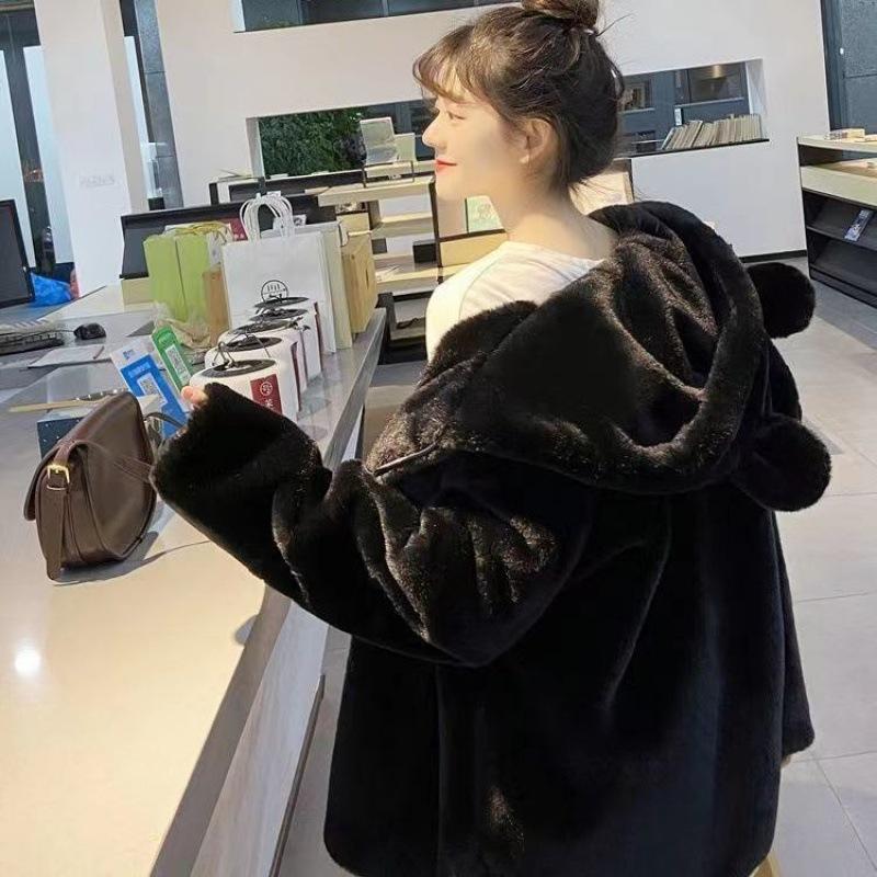 Autumn and winter imitation mink fur coat cute bear ears plush thickened loose medium and long coat women