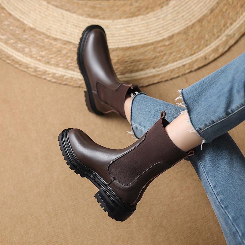 Fashion Shoes Woman England Style High Street Retro 2025 Autumn Winter Cowhide Chelsea Boots Women Casual Fashion Black Platform Boots