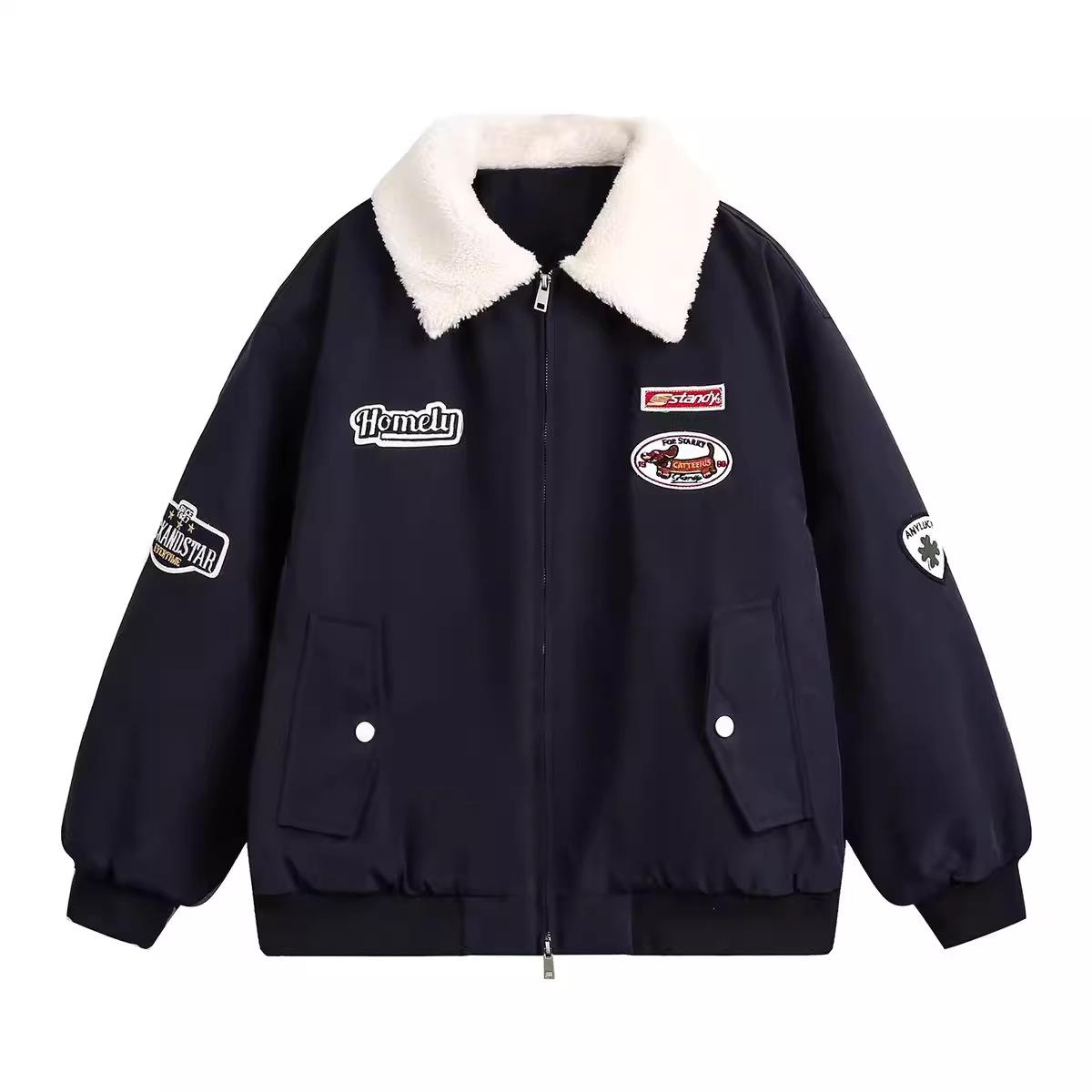 

Женская ретро-пуховая куртка из овечьей шерсти 2025 года - Осенне-зимнее свободное универсальное утолщенное пальто в корейском стиле S темно-синий