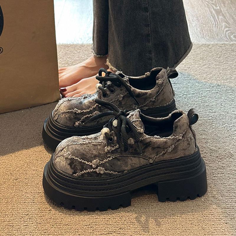 

Большие кожаные туфли на шнуровке, женские, весна 2025, новые, женские туфли на маленькой платформе, модные, увеличивающие рост, лоферы 40 серый