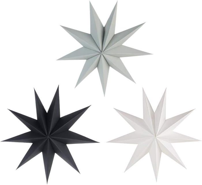 Lot de 6 étoiles décoratives en papier 30 cm, étoiles pliables, sans col, décoration de Noël (blanc, noir et gris)
