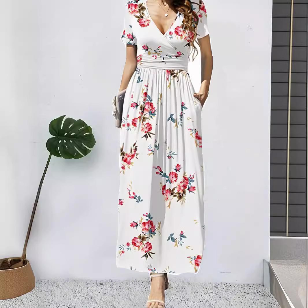 Women s Short-sleeved V-neck Wrap Belt Pocket Printed Elegant Long Dress S белый
