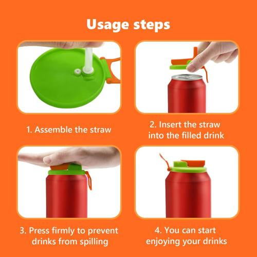 4-Pack Reusable Can Lids with Straws, Spill-Proof, and Easy-To-Clear Caps for Canned Drinks, Beer, and Juice, Includes Straws and Cleaning Brush