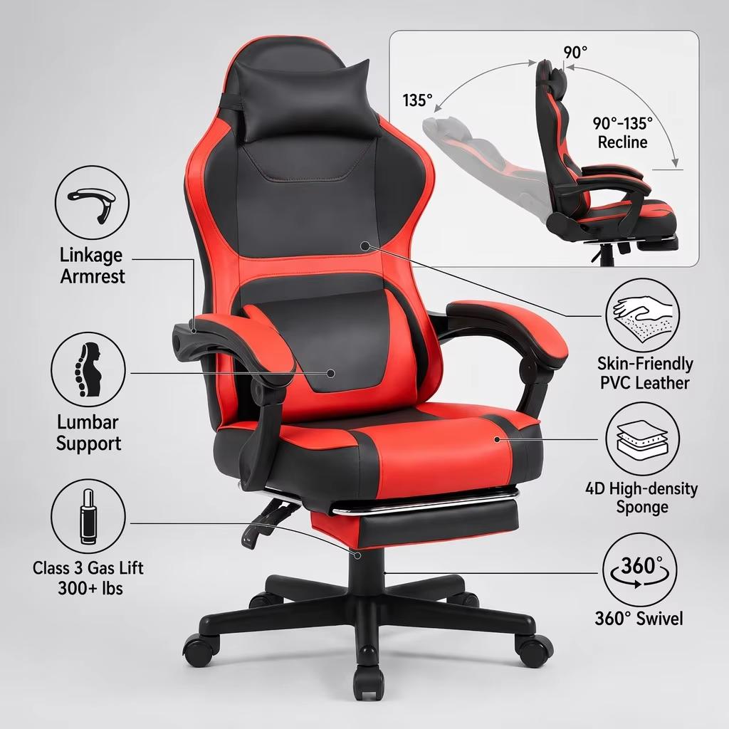 Ergonomic Gaming Chair in Black-Red, Equipped with a Retractable Footrest and a Double Cushion for the Lumbar Area – Home Office and Relaxation Breaks