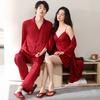 Sexy small suspender shorts nightgown newlywed three-piece set couple spring and autumn ice and snow silk long-sleeved lapel pajamas men
