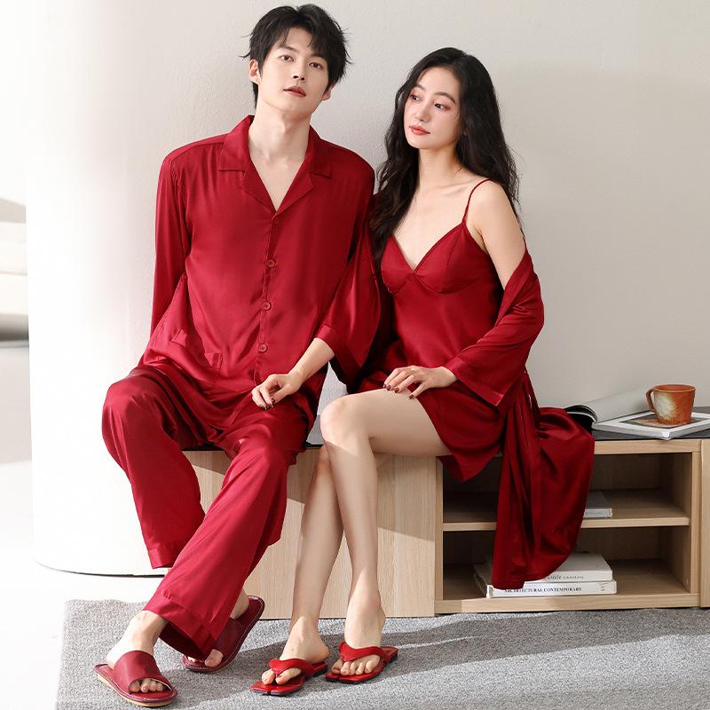 Sexy small suspender shorts nightgown newlywed three-piece set couple spring and autumn ice and snow silk long-sleeved lapel pajamas men