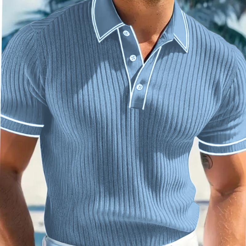 Men's Korean-Style Casual Loose Striped Polo Shirt Solid Color Button Short-Sleeve Pullover Top
