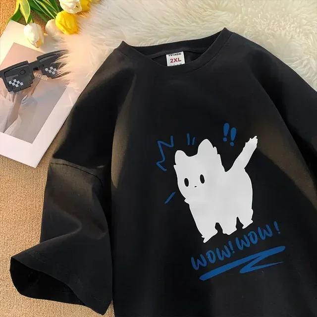 Fashion Summer Simple and Fun Black Cat Print Short Sleeved Women and Men Ins Couple Half Sleeved Loose T-shirt Y2k Top