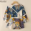 ZANZEA Damen Freizeit Rundhals 3/4 Ärmel Retro Print Bluse