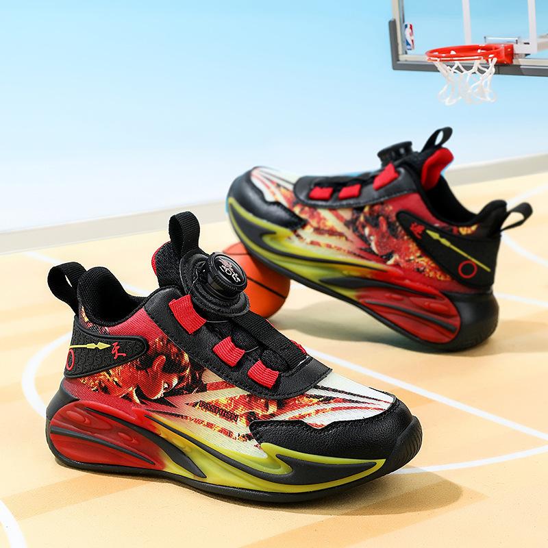 Children's Basketball Shoes Double Mesh Breathable Year of the Snake New Boys Button Sneakers Friction Sound Outdoor Running Shoes