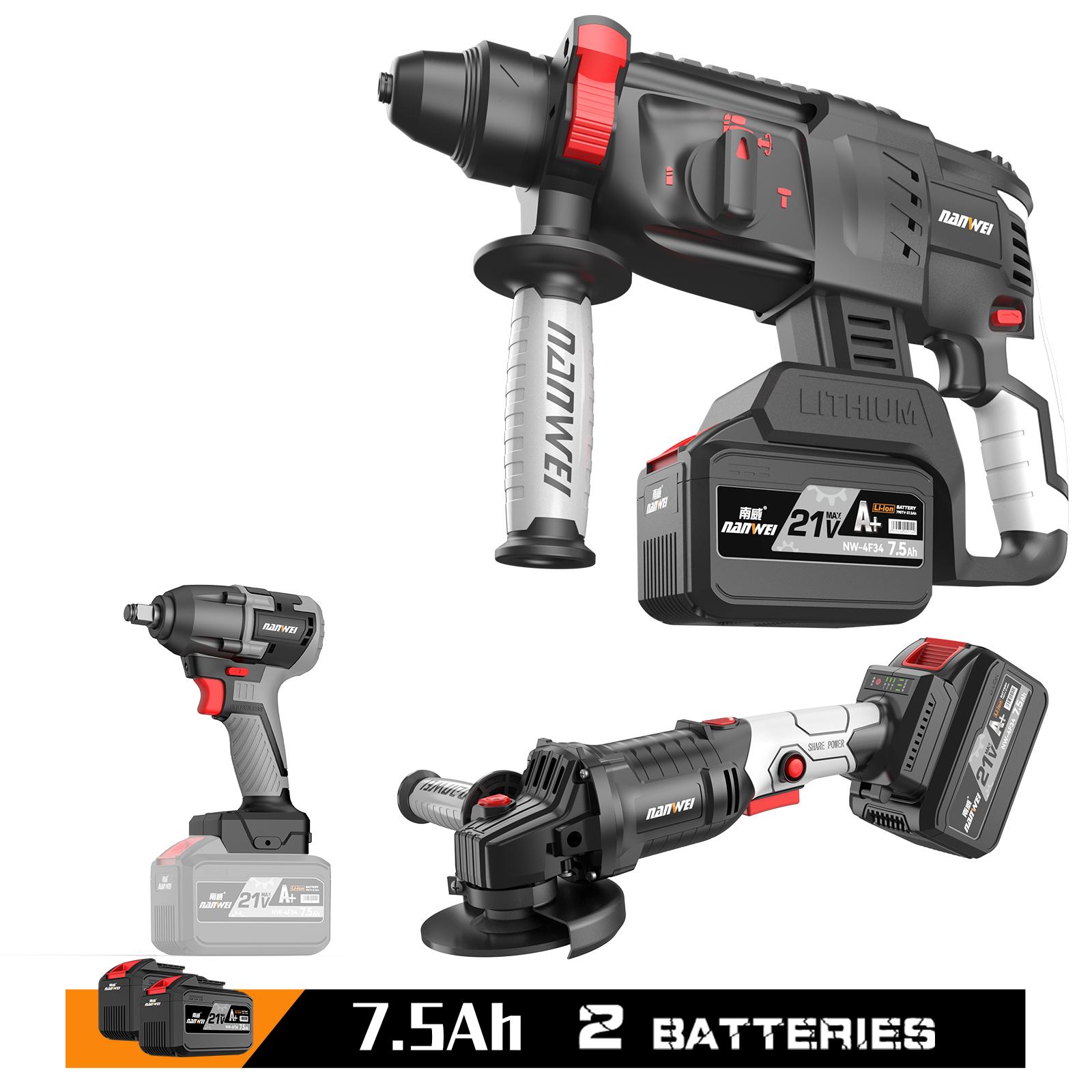 

NANWEI 3/4 шт. электроинструмент, аккумуляторная электрическая дрель/гаечный ключ 380N/электрический молоток/125 мм, угловая шлифовальная машина, наборы электрических инструментов 7.5ah