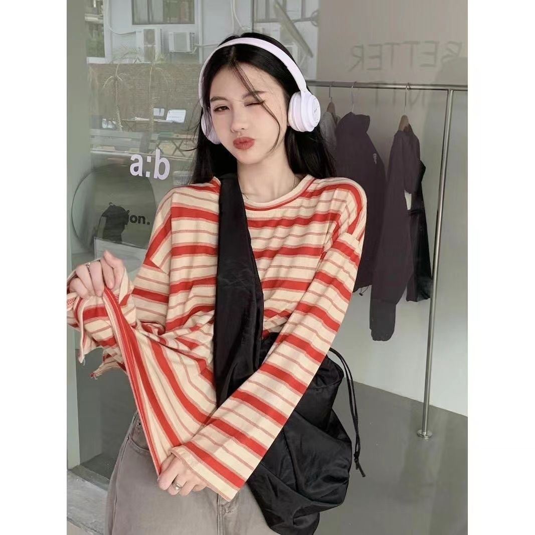 

Ранняя осень Новая корейская версия Свободная полосатая футболка с длинным рукавом для женщин Инс Интернет-знаменитость Студенты Универсальный тонкий топ XXL бежевый