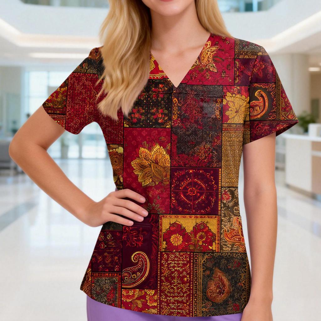 Damen V-Ausschnitt Drei-Taschen Kurzarm Retro-Print Uniform/Pflegekraft Oberteil Mit Schlitzen Am Saum