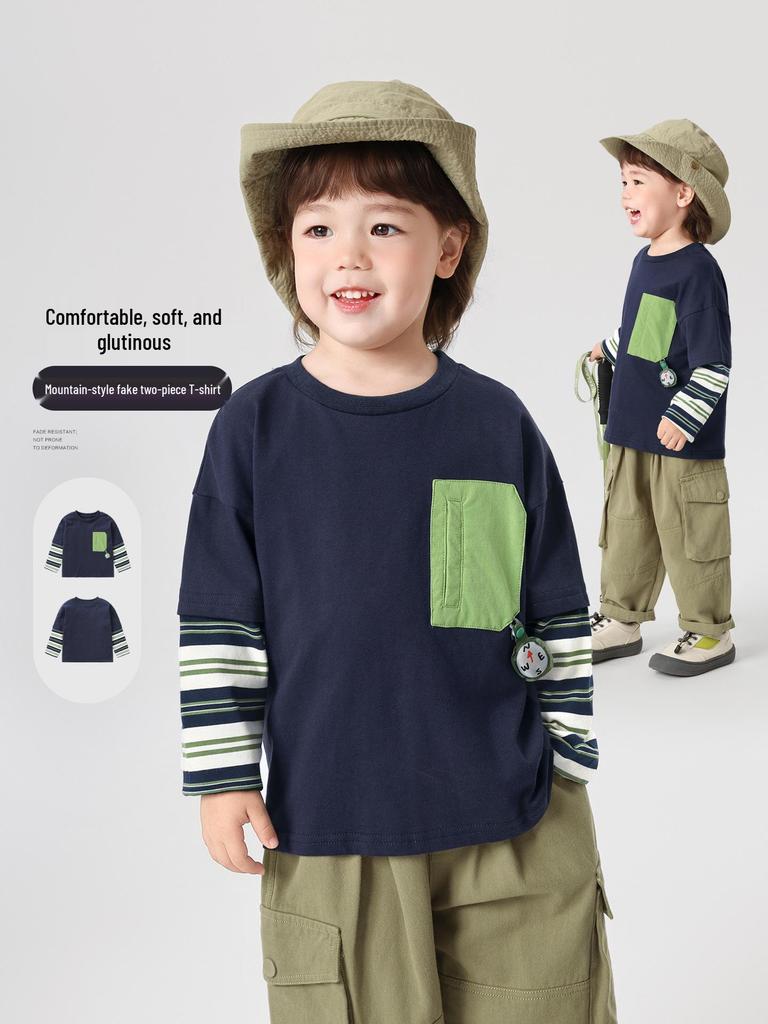Trendy European Boys' Two-Piece Long-Sleeve T-Shirt for Spring & Autumn 2026 - New Style Toddler & Children's Base Layer