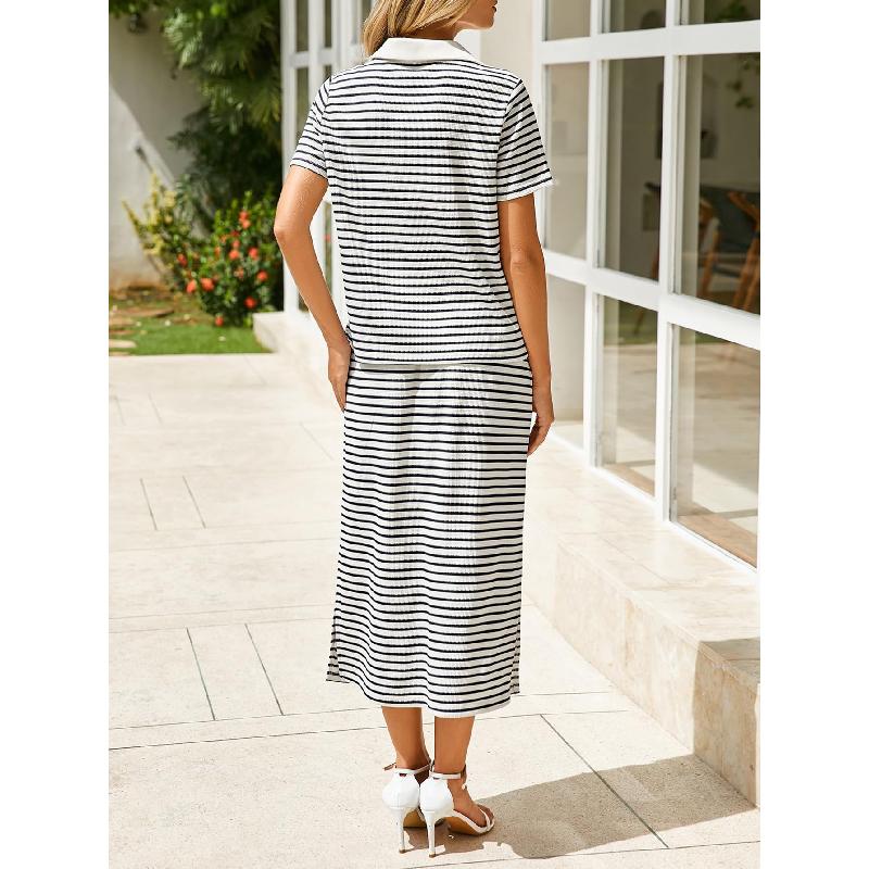 2026 Summer New Women's Fashion Casual Turn-down Collar T-shirt and Slit Skirt Set