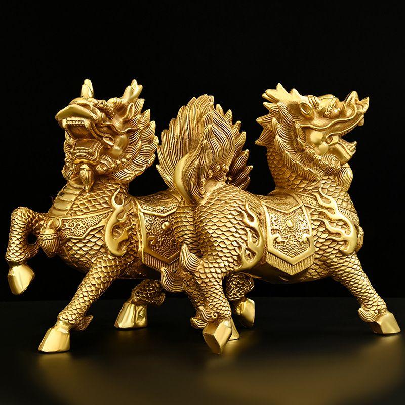 1pair Copper Unicorn Ornaments Male and Female Auspicious Home Office Desktop Decor