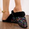 Mode Glitzernde Pailletten Hausfellpantoffeln Damen 2024 Winter Warm Plüsch Flache Baumwollschuhe Frau Indoor Schlafzimmer Weiche Sohle Flauschige Pantoffeln