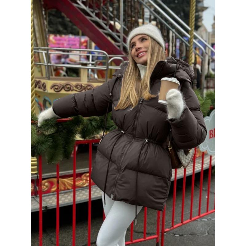 Women S Hooded Drawstring Cinched Waist Mid Length Thick Padded Winter Coat