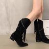 Elegant With Low Heels Pointed Toe Tassel Half High Boots For Women Spring Autumn Mid Calf Shoes Woman Large Size Chic Boot
