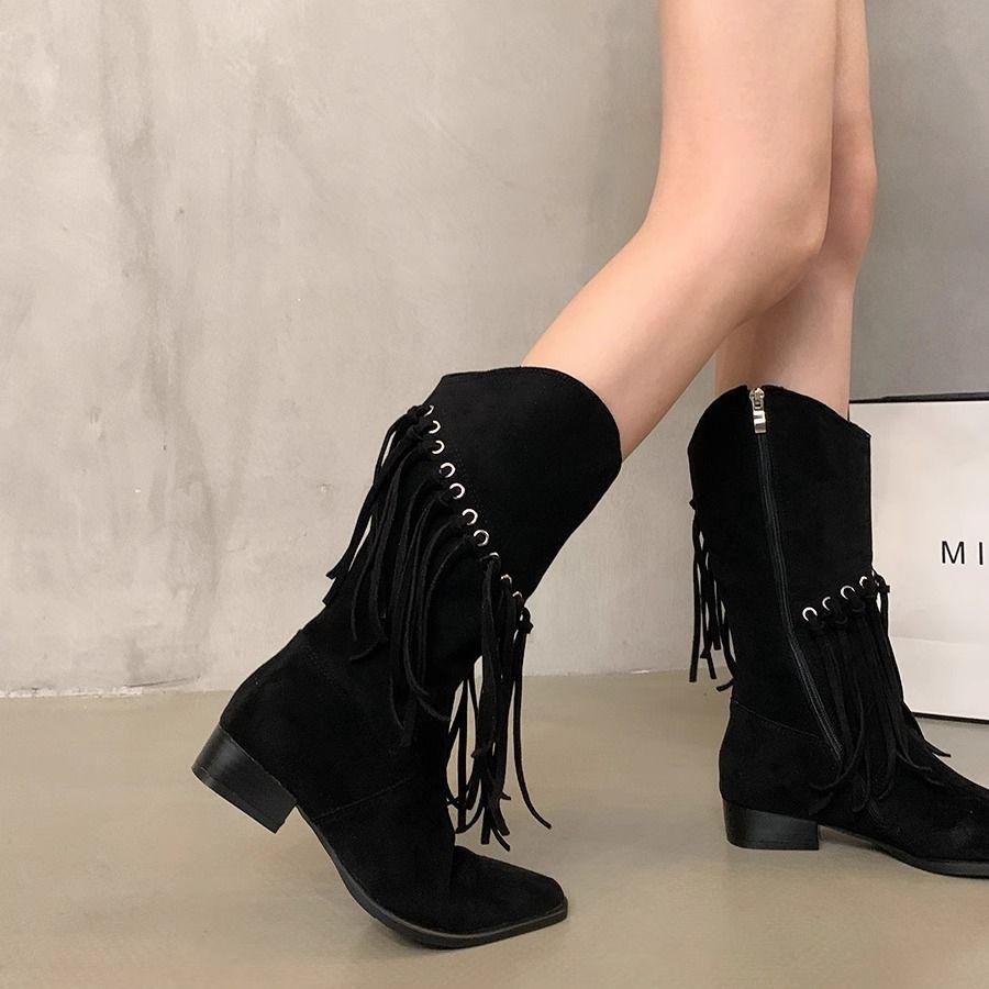Elegant With Low Heels Pointed Toe Tassel Half High Boots For Women Spring Autumn Mid Calf Shoes Woman Large Size Chic Boot