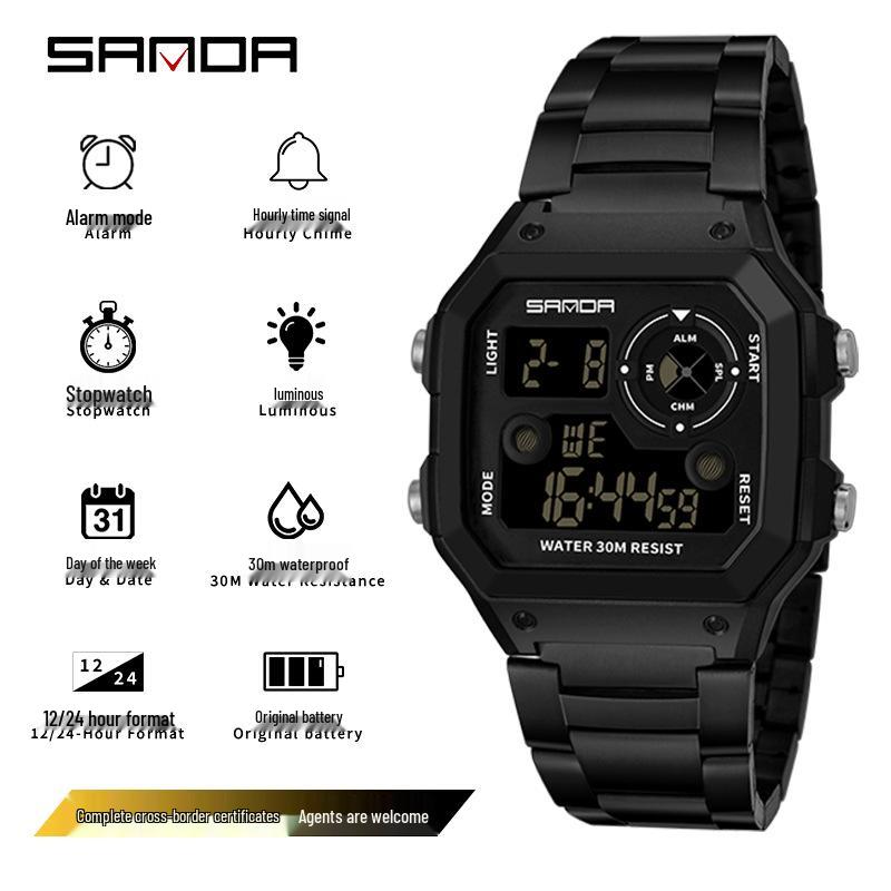 SANDA Men s Waterproof Multifunctional Steel Band Electronic Watch чёрный