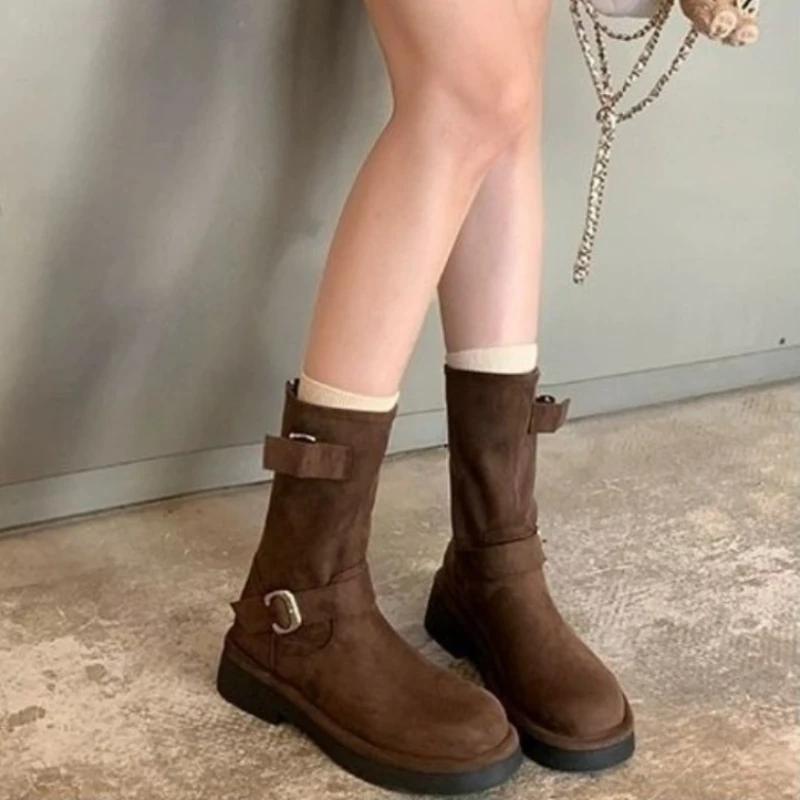 Fashion Brown Suede Ladies Mid Calf Shoes Autumn Winter 2025 Novelty Sale Demi-season on Offer Cosplay Fashion Women's Half High Boots