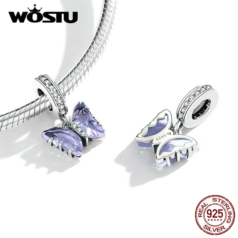 WOSTU Tři barevné korálky se zirkonovým motýlkem 925 se stříbrným přívěskem se hodí pro originální náramek náramek DIY jemné šperky