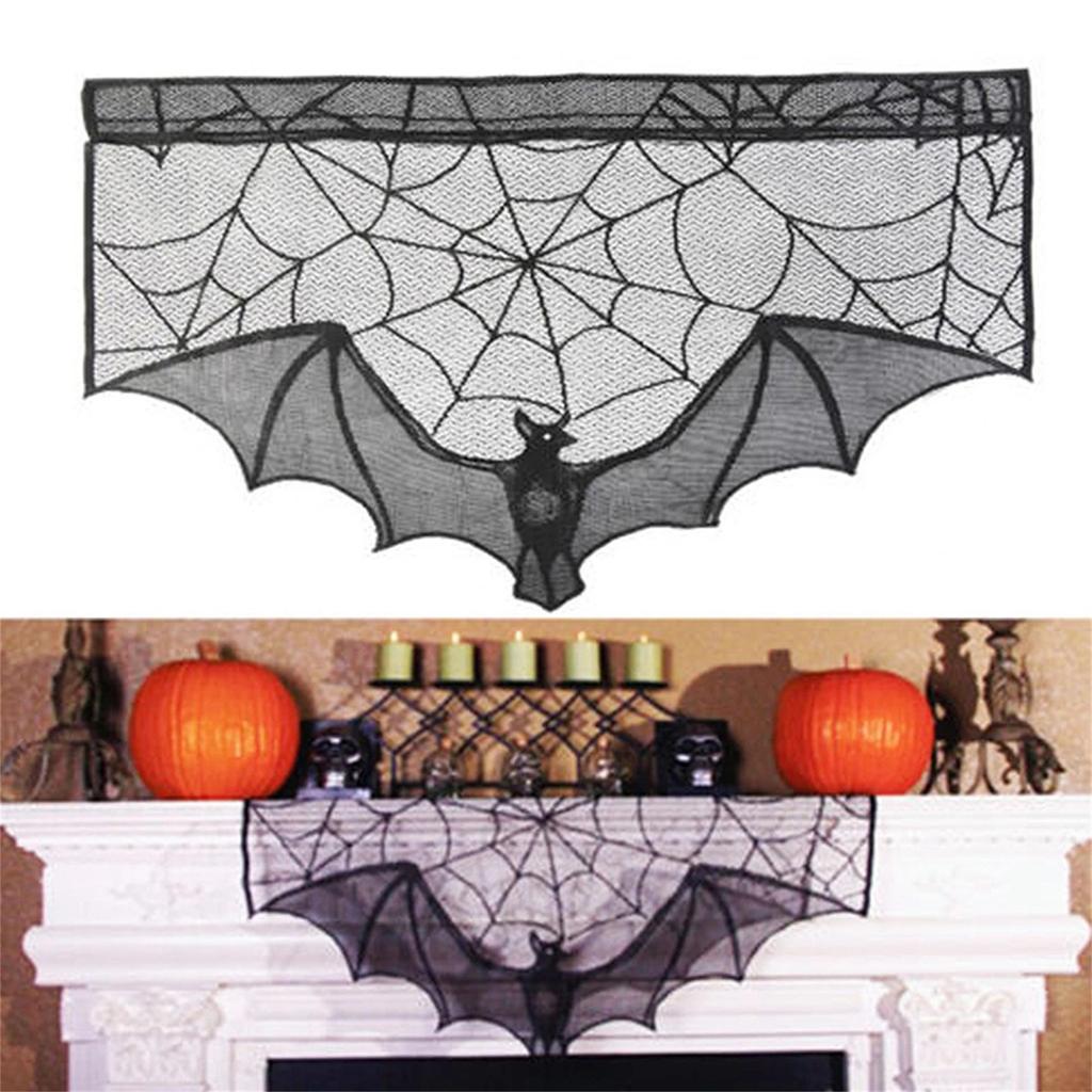 Halloween Fireplace Mantle Decorations, Black Lace Spiderweb Fireplace Mantel Scarf Cover Garland For Festive Party Supplies Decor