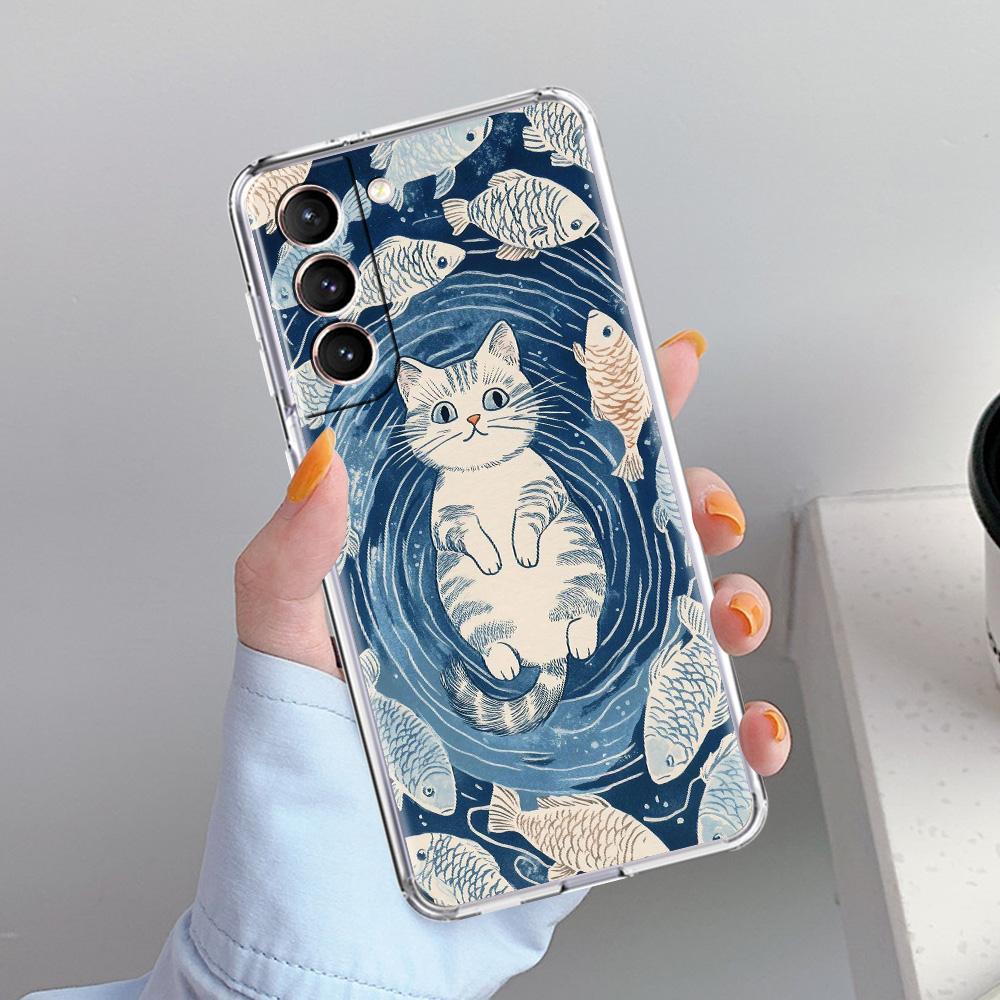 Phone Case For Samsung Galaxy S26 S25 S24 S23 S22 Ultra S20 S21 FE 5G Plus Soft Clear Cover Cat Fishing