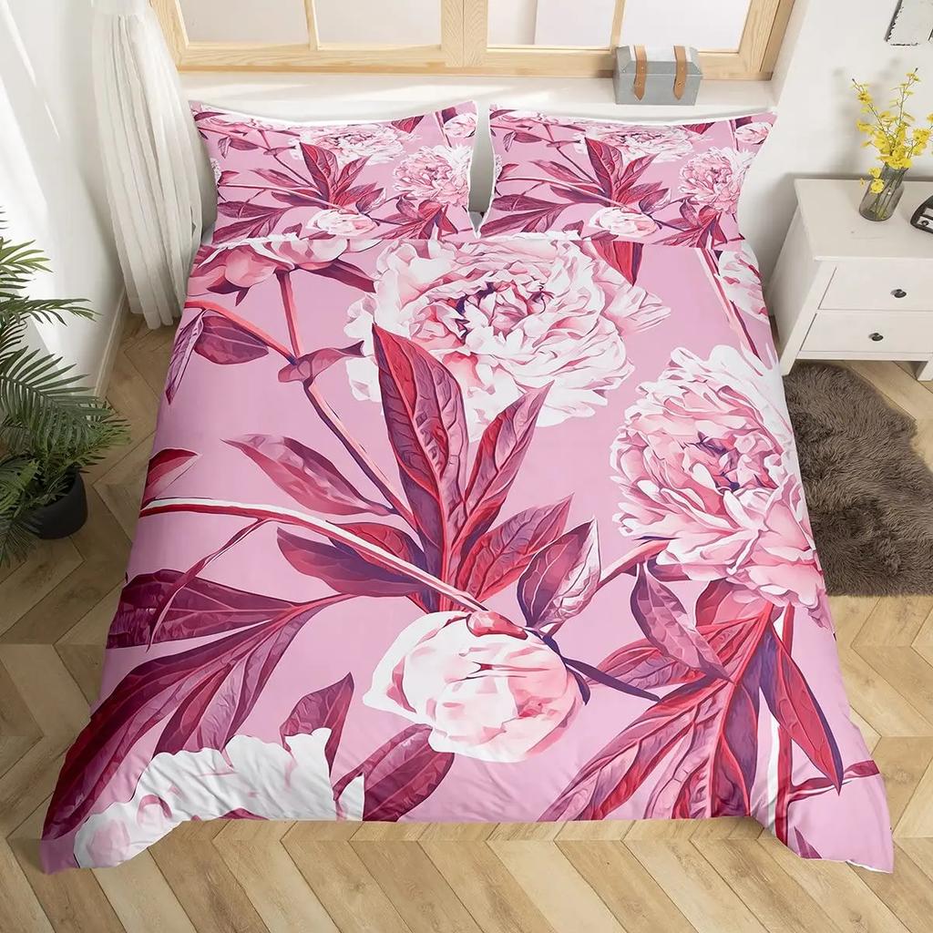 Pink Peony Duvet Cover Set Tulips Flowers Comforter Cover For Girls Women TwinFlorals Blossoms Botanical Plants Bedding Sets