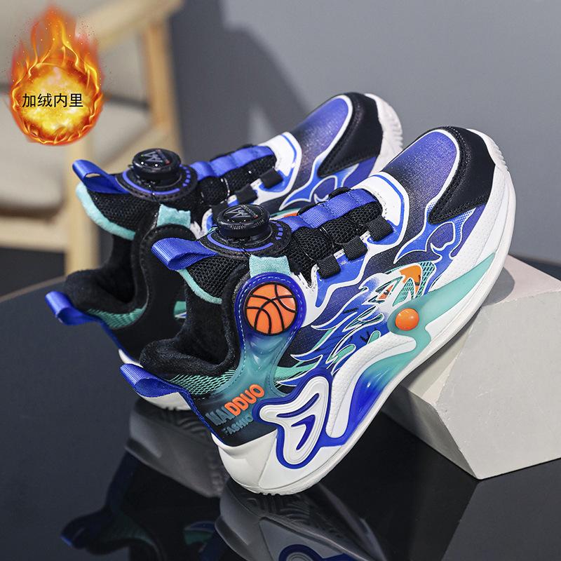 Autumn Middle and Older Children's New Rotating Velvet Boys' Shoes Buckle Children's Mesh Sports Shoes Basketball Shoes Cotton 2025