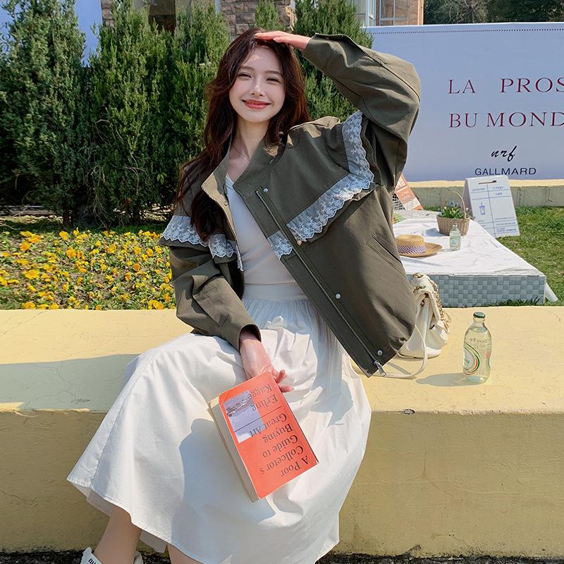 

Весенняя куртка свободного кроя с кружевной отделкой на молнии 2025 - Новый корейский стиль S90-115 lbs армия зеленый