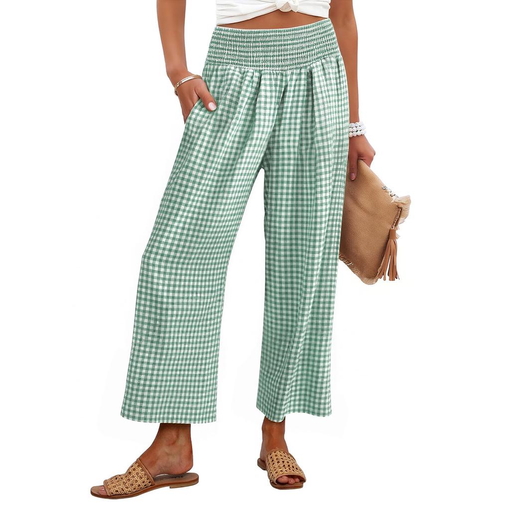 Women's Fashion Loose Pleated Elastic Waist Pocket Checkered Casual /10 Pants