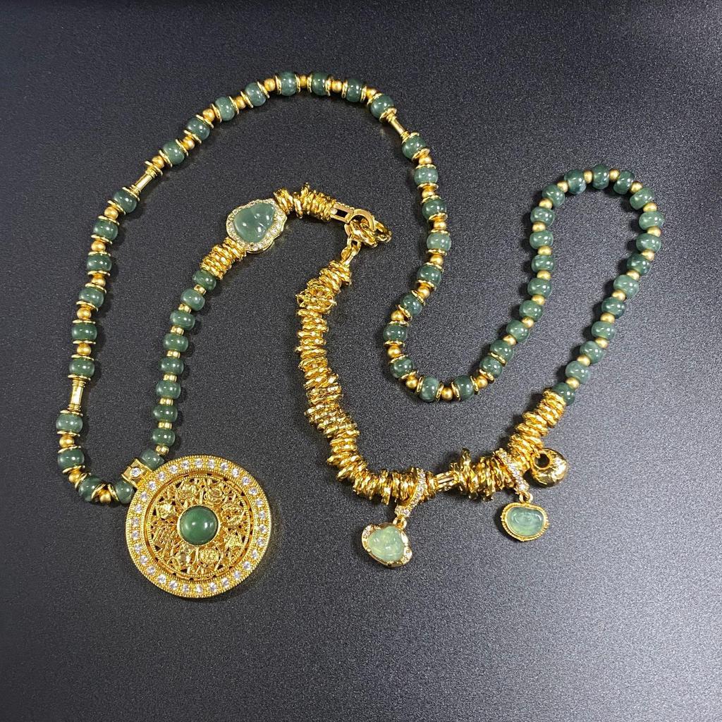 Jade Stone Large Compass Necklace - Vintage Luxurious Pendant