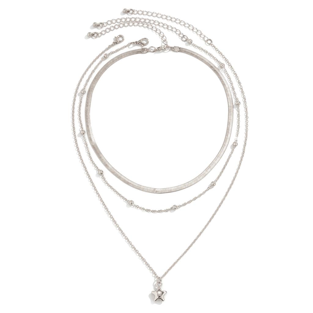 KunJoe 3pcs/set Punk Silver Color Copper Bead Flat Snake Chain Necklace for Women Vintage Star Pendant Necklace Set