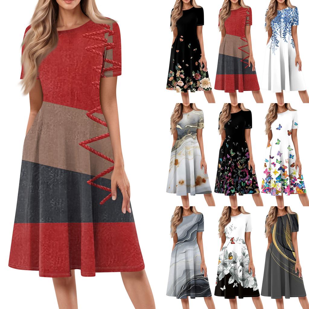 Abito lungo casual stampato da donna con scollo rotondo