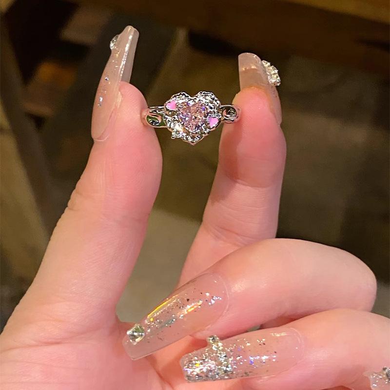 Light Luxury Heart-Shaped Zircon Ring Opening Design Female Sweet Cool Versatile Personalized Ring Niche High-End Fashionable