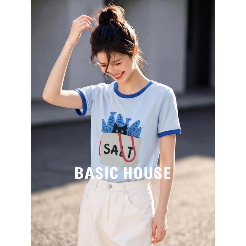Basic House Women s Blue Printed Round Neck Short Sleeve T-Shirt